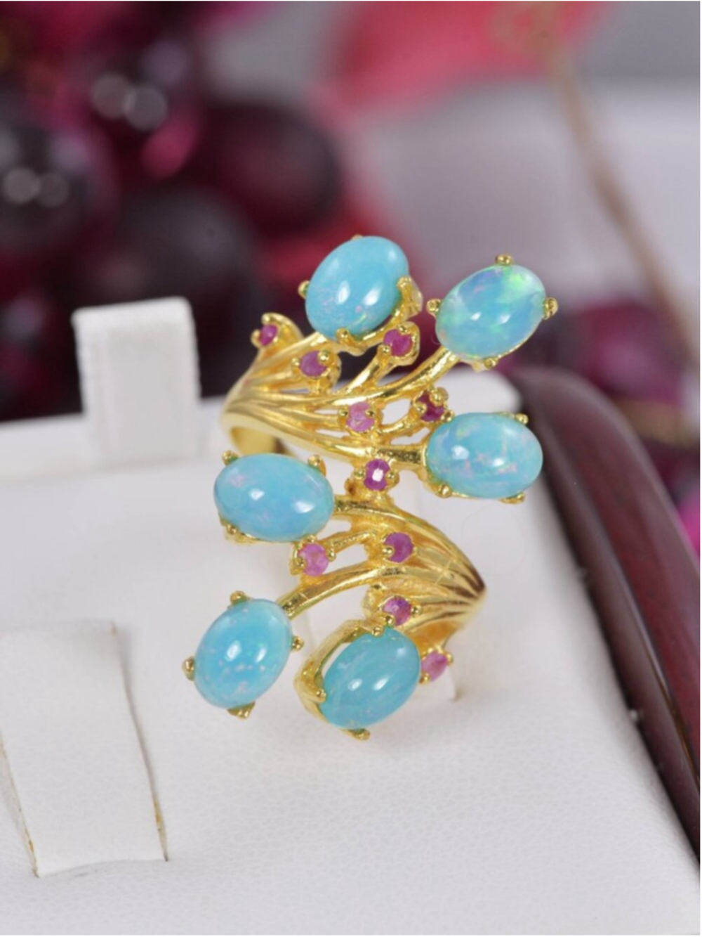 Natural Ethopian Opal with Natural Ruby Ring 925 Sterling Silver, sz 6 3/4
